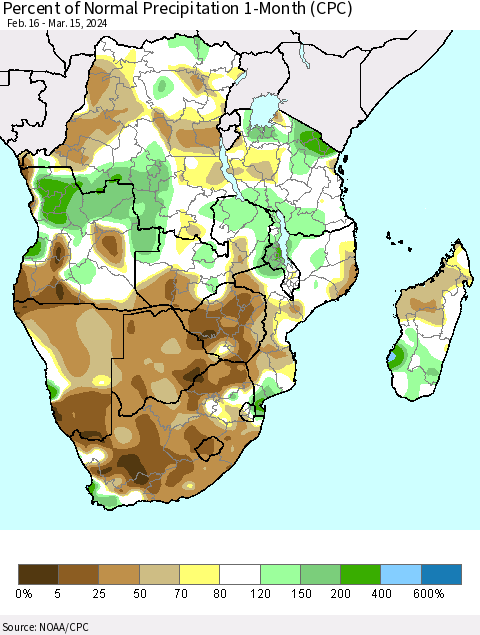 Southern Africa Percent of Normal Precipitation 1-Month (CPC) Thematic Map For 2/16/2024 - 3/15/2024