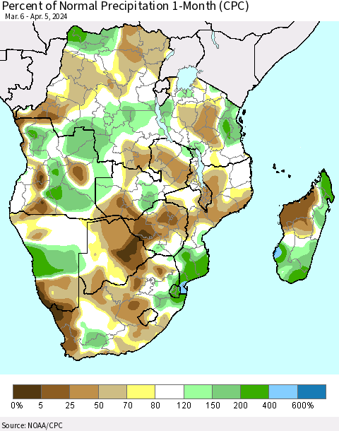 Southern Africa Percent of Normal Precipitation 1-Month (CPC) Thematic Map For 3/6/2024 - 4/5/2024