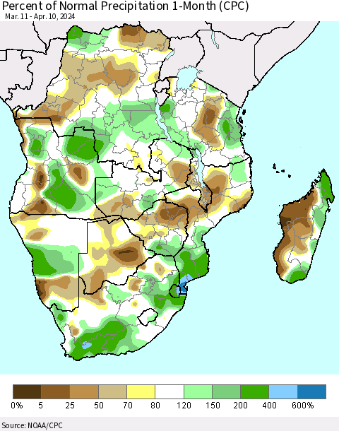 Southern Africa Percent of Normal Precipitation 1-Month (CPC) Thematic Map For 3/11/2024 - 4/10/2024