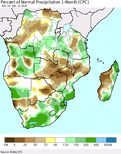 Southern Africa Percent of Normal Precipitation 1-Month (CPC) Thematic Map For 3/16/2024 - 4/15/2024