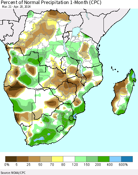 Southern Africa Percent of Normal Precipitation 1-Month (CPC) Thematic Map For 3/21/2024 - 4/20/2024