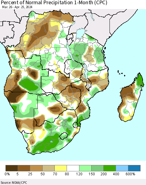 Southern Africa Percent of Normal Precipitation 1-Month (CPC) Thematic Map For 3/26/2024 - 4/25/2024