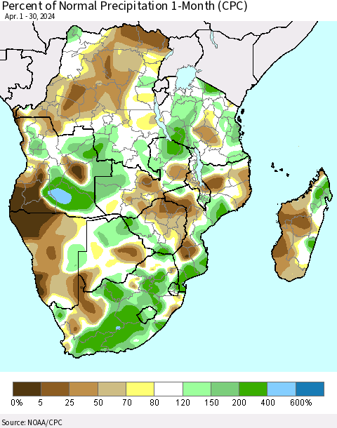 Southern Africa Percent of Normal Precipitation 1-Month (CPC) Thematic Map For 4/1/2024 - 4/30/2024
