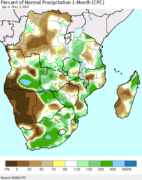 Southern Africa Percent of Normal Precipitation 1-Month (CPC) Thematic Map For 4/6/2024 - 5/5/2024