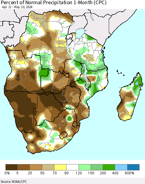 Southern Africa Percent of Normal Precipitation 1-Month (CPC) Thematic Map For 4/11/2024 - 5/10/2024