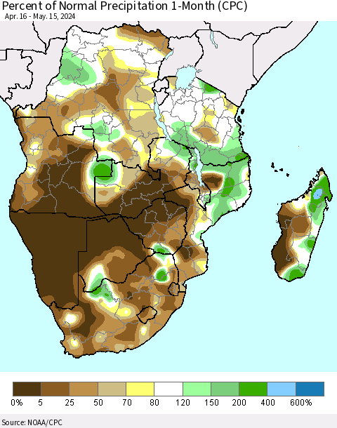 Southern Africa Percent of Normal Precipitation 1-Month (CPC) Thematic Map For 4/16/2024 - 5/15/2024