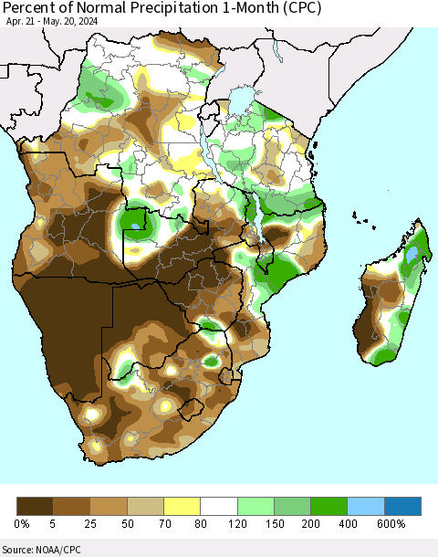 Southern Africa Percent of Normal Precipitation 1-Month (CPC) Thematic Map For 4/21/2024 - 5/20/2024
