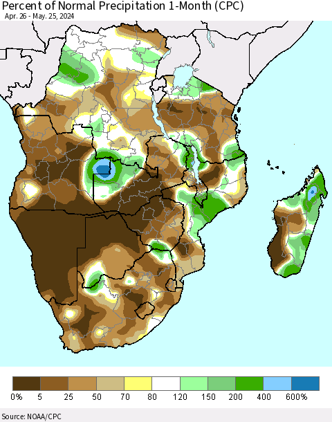 Southern Africa Percent of Normal Precipitation 1-Month (CPC) Thematic Map For 4/26/2024 - 5/25/2024