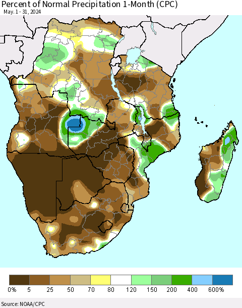 Southern Africa Percent of Normal Precipitation 1-Month (CPC) Thematic Map For 5/1/2024 - 5/31/2024