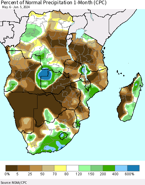 Southern Africa Percent of Normal Precipitation 1-Month (CPC) Thematic Map For 5/6/2024 - 6/5/2024
