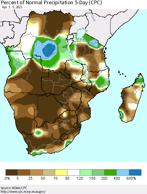 Southern Africa Percent of Normal Precipitation 5-Day (CPC) Thematic Map For 4/1/2021 - 4/5/2021