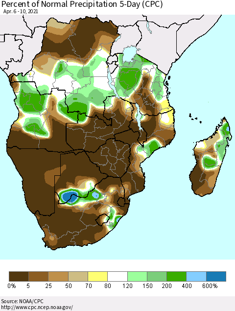 Southern Africa Percent of Normal Precipitation 5-Day (CPC) Thematic Map For 4/6/2021 - 4/10/2021