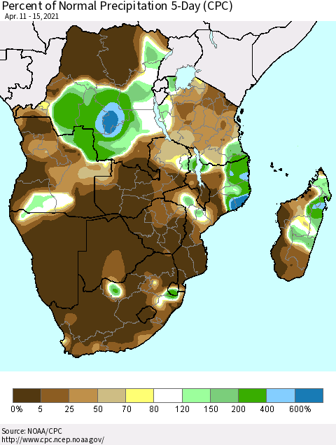 Southern Africa Percent of Normal Precipitation 5-Day (CPC) Thematic Map For 4/11/2021 - 4/15/2021