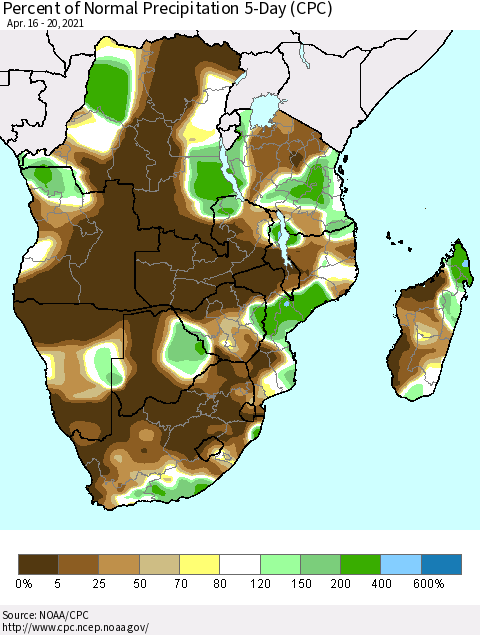 Southern Africa Percent of Normal Precipitation 5-Day (CPC) Thematic Map For 4/16/2021 - 4/20/2021