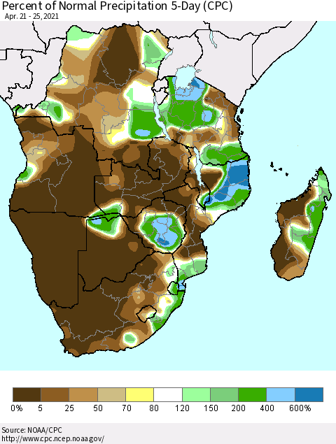 Southern Africa Percent of Normal Precipitation 5-Day (CPC) Thematic Map For 4/21/2021 - 4/25/2021