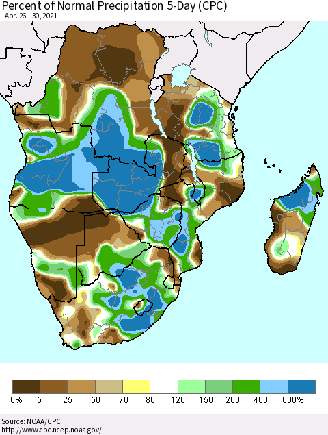 Southern Africa Percent of Normal Precipitation 5-Day (CPC) Thematic Map For 4/26/2021 - 4/30/2021