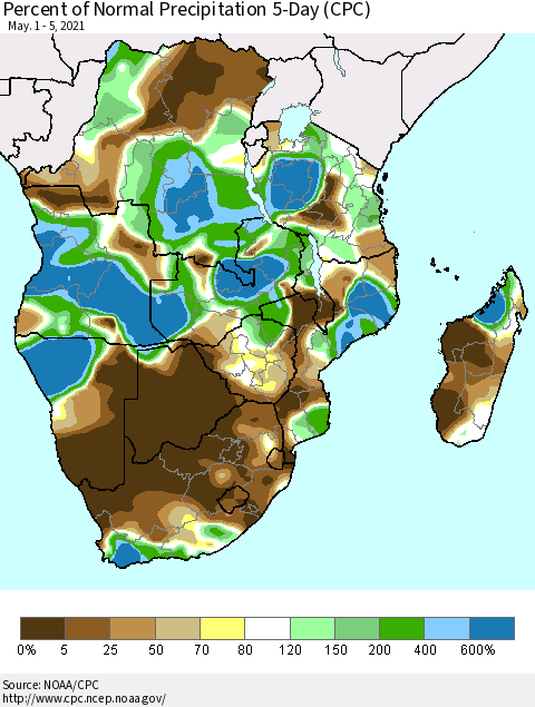 Southern Africa Percent of Normal Precipitation 5-Day (CPC) Thematic Map For 5/1/2021 - 5/5/2021