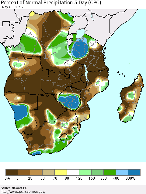 Southern Africa Percent of Normal Precipitation 5-Day (CPC) Thematic Map For 5/6/2021 - 5/10/2021