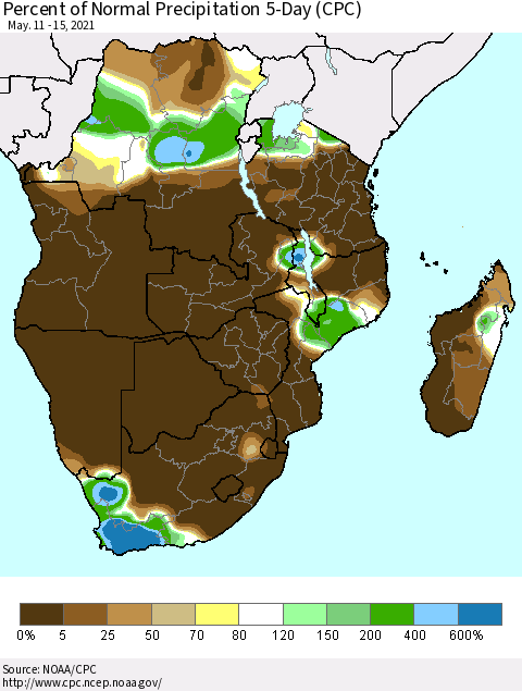 Southern Africa Percent of Normal Precipitation 5-Day (CPC) Thematic Map For 5/11/2021 - 5/15/2021