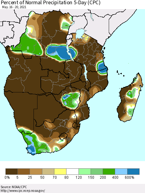 Southern Africa Percent of Normal Precipitation 5-Day (CPC) Thematic Map For 5/16/2021 - 5/20/2021