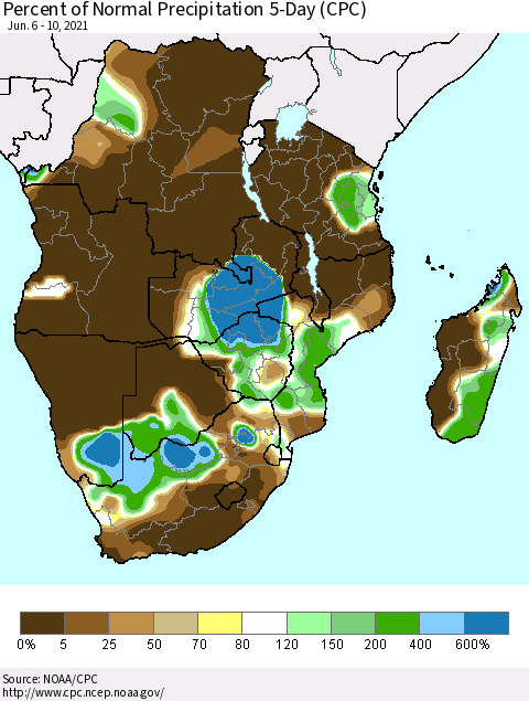 Southern Africa Percent of Normal Precipitation 5-Day (CPC) Thematic Map For 6/6/2021 - 6/10/2021
