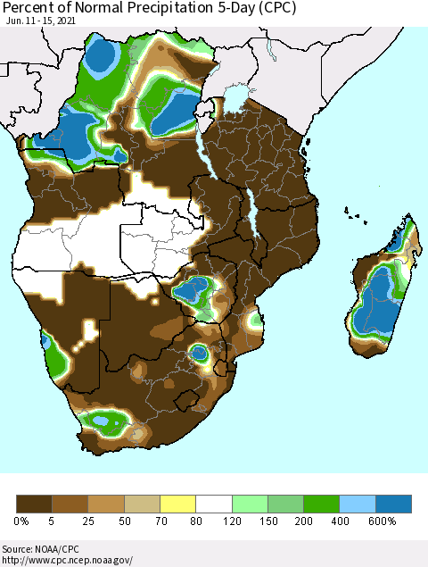 Southern Africa Percent of Normal Precipitation 5-Day (CPC) Thematic Map For 6/11/2021 - 6/15/2021