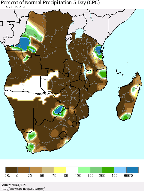 Southern Africa Percent of Normal Precipitation 5-Day (CPC) Thematic Map For 6/21/2021 - 6/25/2021