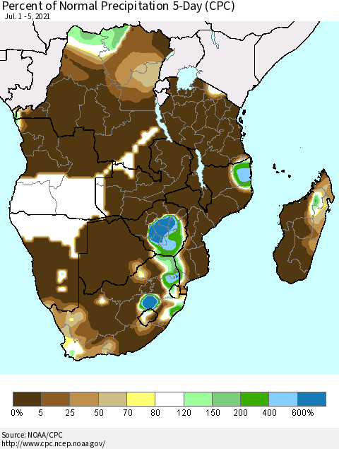 Southern Africa Percent of Normal Precipitation 5-Day (CPC) Thematic Map For 7/1/2021 - 7/5/2021
