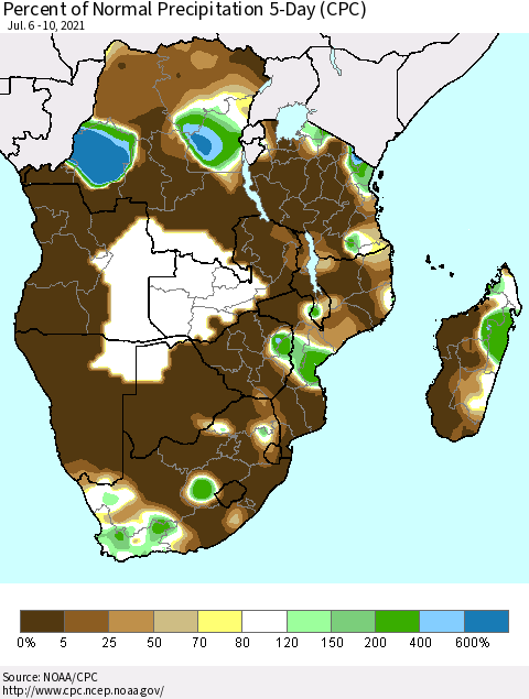 Southern Africa Percent of Normal Precipitation 5-Day (CPC) Thematic Map For 7/6/2021 - 7/10/2021