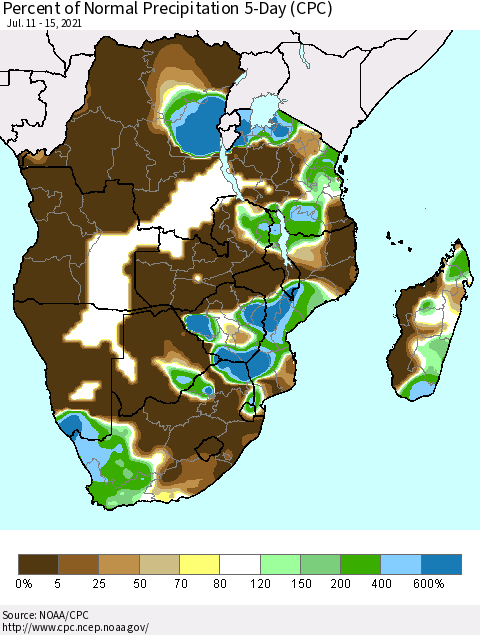 Southern Africa Percent of Normal Precipitation 5-Day (CPC) Thematic Map For 7/11/2021 - 7/15/2021