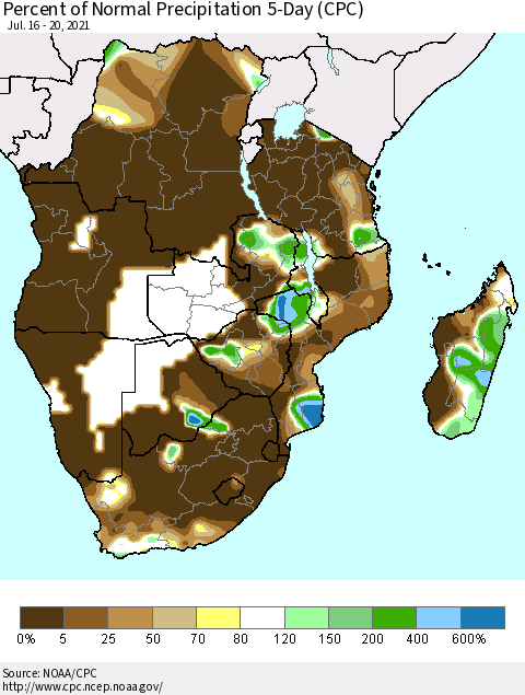 Southern Africa Percent of Normal Precipitation 5-Day (CPC) Thematic Map For 7/16/2021 - 7/20/2021