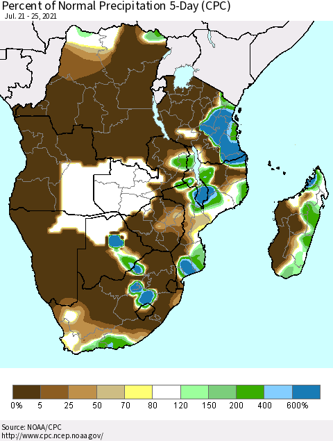 Southern Africa Percent of Normal Precipitation 5-Day (CPC) Thematic Map For 7/21/2021 - 7/25/2021