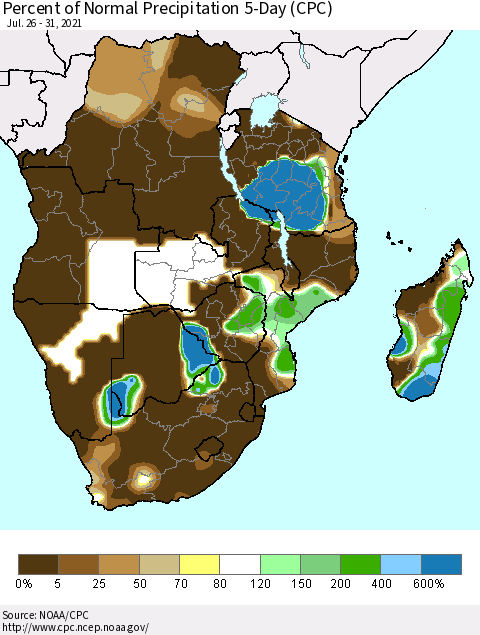 Southern Africa Percent of Normal Precipitation 5-Day (CPC) Thematic Map For 7/26/2021 - 7/31/2021