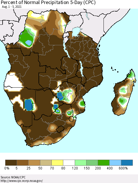 Southern Africa Percent of Normal Precipitation 5-Day (CPC) Thematic Map For 8/1/2021 - 8/5/2021