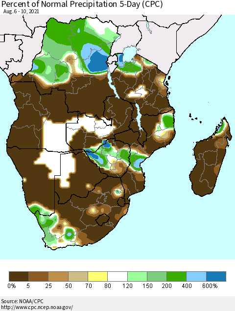 Southern Africa Percent of Normal Precipitation 5-Day (CPC) Thematic Map For 8/6/2021 - 8/10/2021