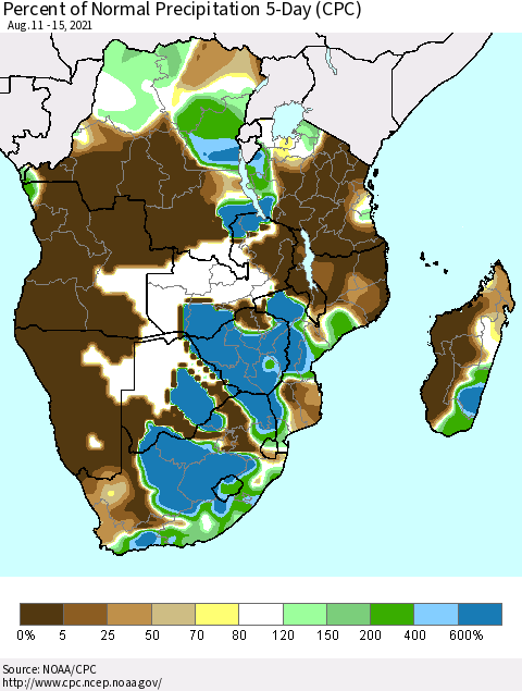 Southern Africa Percent of Normal Precipitation 5-Day (CPC) Thematic Map For 8/11/2021 - 8/15/2021
