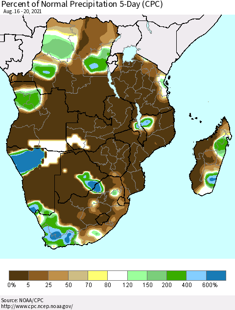 Southern Africa Percent of Normal Precipitation 5-Day (CPC) Thematic Map For 8/16/2021 - 8/20/2021