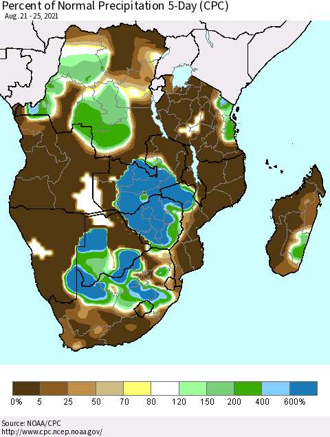 Southern Africa Percent of Normal Precipitation 5-Day (CPC) Thematic Map For 8/21/2021 - 8/25/2021
