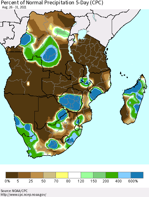 Southern Africa Percent of Normal Precipitation 5-Day (CPC) Thematic Map For 8/26/2021 - 8/31/2021