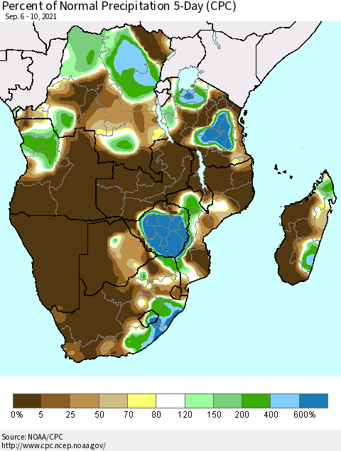 Southern Africa Percent of Normal Precipitation 5-Day (CPC) Thematic Map For 9/6/2021 - 9/10/2021