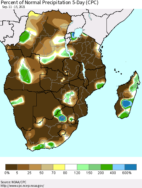 Southern Africa Percent of Normal Precipitation 5-Day (CPC) Thematic Map For 9/11/2021 - 9/15/2021