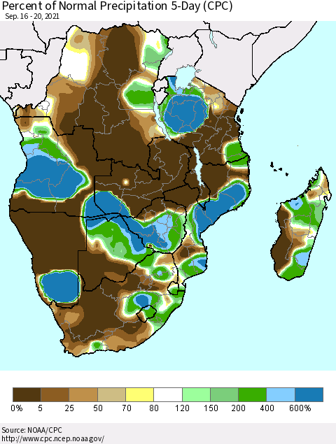 Southern Africa Percent of Normal Precipitation 5-Day (CPC) Thematic Map For 9/16/2021 - 9/20/2021