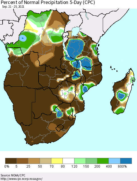 Southern Africa Percent of Normal Precipitation 5-Day (CPC) Thematic Map For 9/21/2021 - 9/25/2021