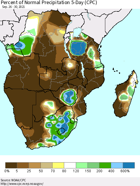 Southern Africa Percent of Normal Precipitation 5-Day (CPC) Thematic Map For 9/26/2021 - 9/30/2021