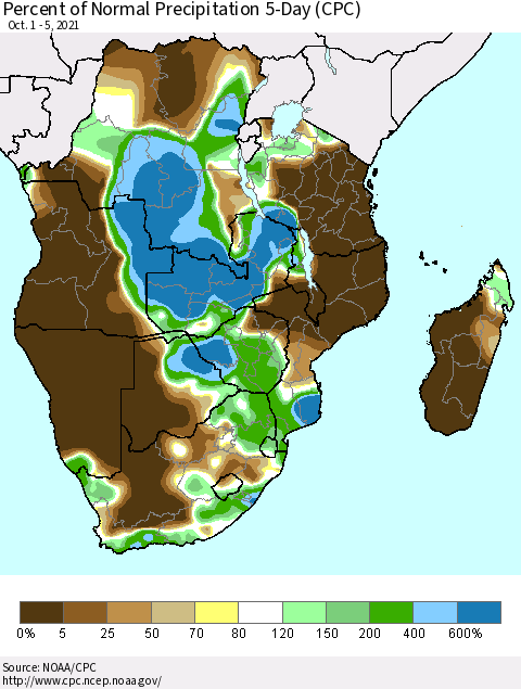 Southern Africa Percent of Normal Precipitation 5-Day (CPC) Thematic Map For 10/1/2021 - 10/5/2021