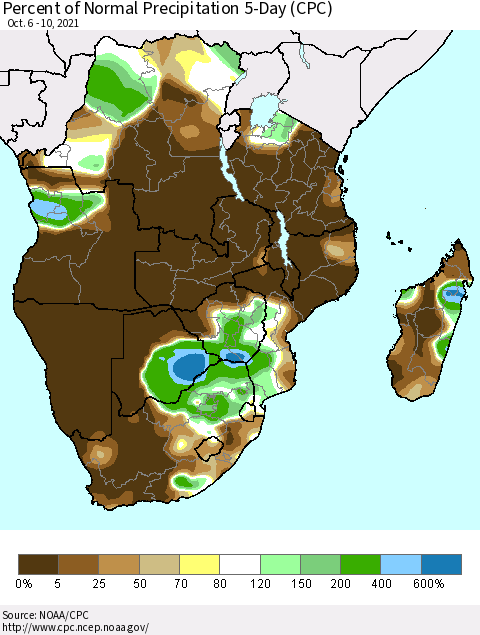 Southern Africa Percent of Normal Precipitation 5-Day (CPC) Thematic Map For 10/6/2021 - 10/10/2021