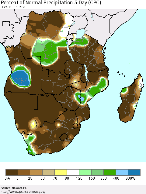 Southern Africa Percent of Normal Precipitation 5-Day (CPC) Thematic Map For 10/11/2021 - 10/15/2021