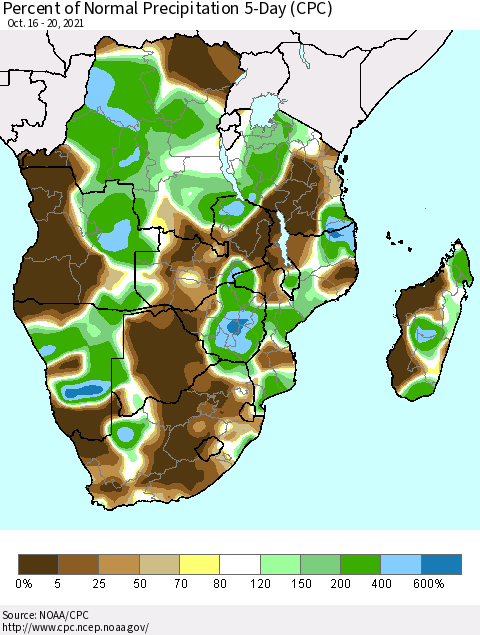 Southern Africa Percent of Normal Precipitation 5-Day (CPC) Thematic Map For 10/16/2021 - 10/20/2021