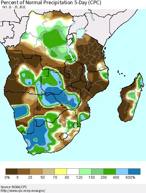 Southern Africa Percent of Normal Precipitation 5-Day (CPC) Thematic Map For 10/21/2021 - 10/25/2021