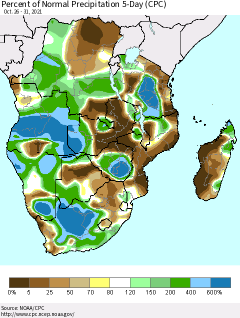 Southern Africa Percent of Normal Precipitation 5-Day (CPC) Thematic Map For 10/26/2021 - 10/31/2021